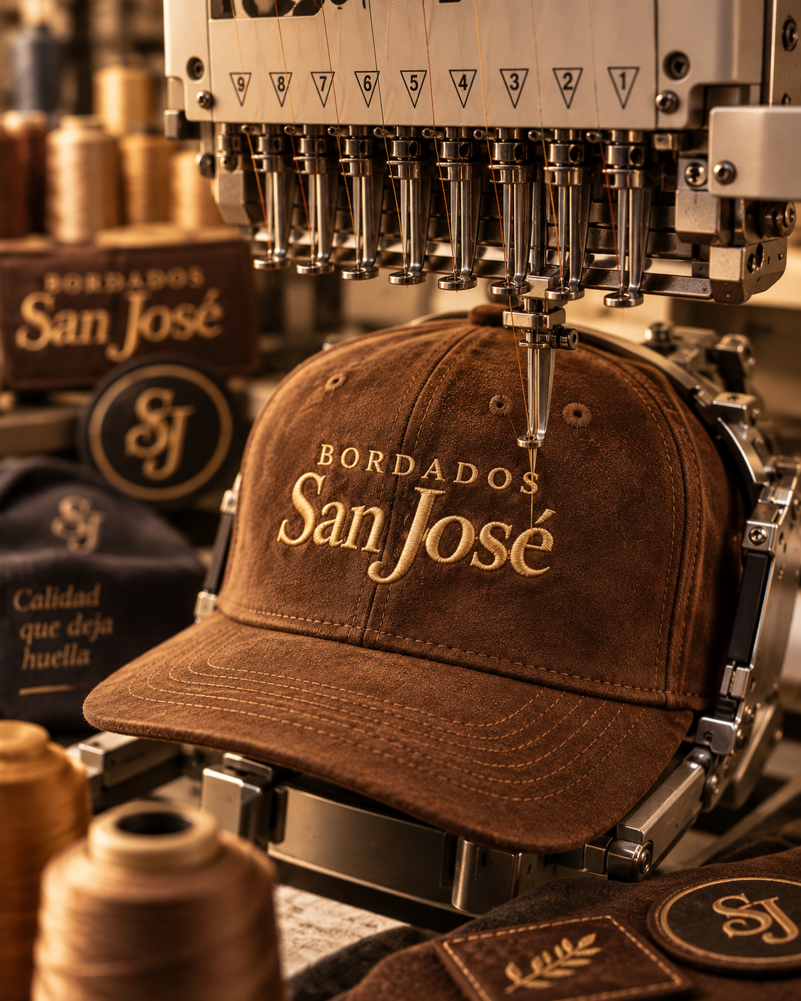 Máquina bordadora trabajando una gorra marrón con el logo Bordados San José en hilo dorado