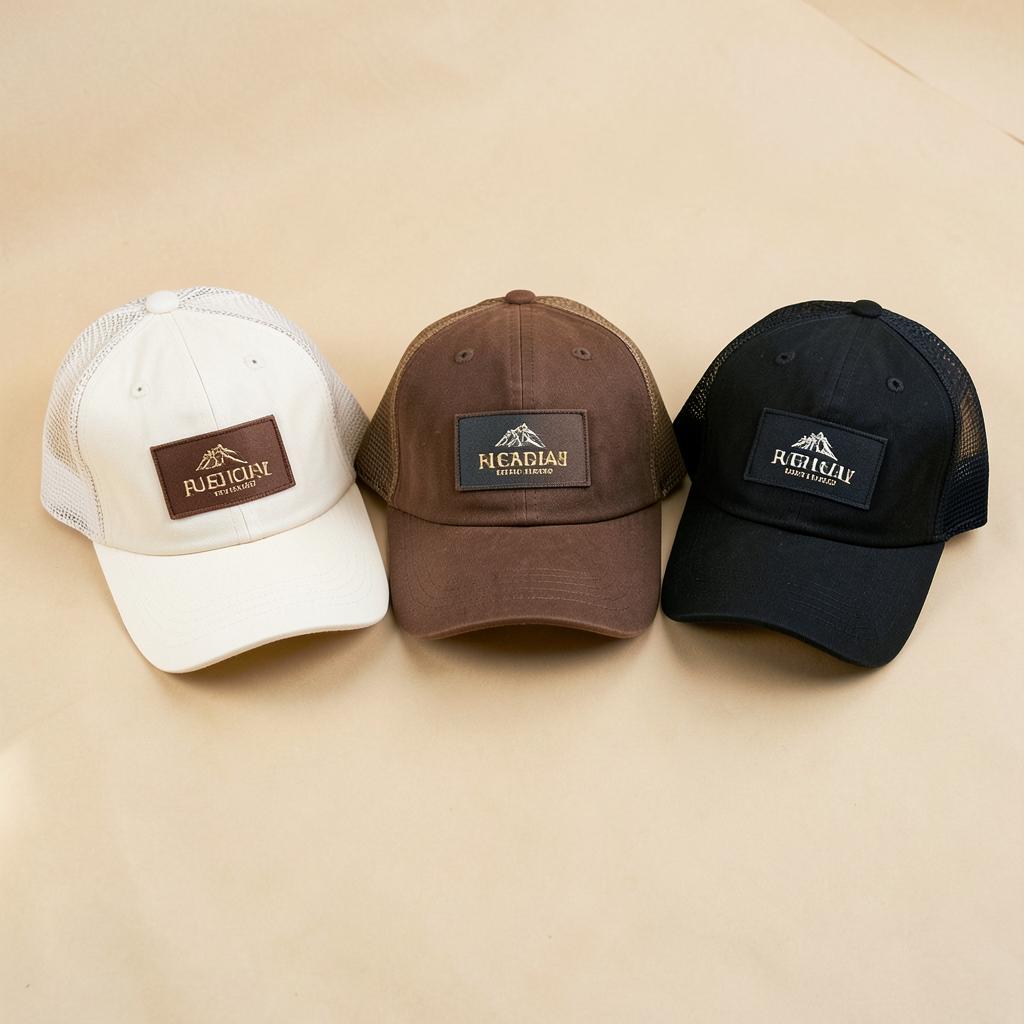 Tres gorras trucker bordadas en marfil, café y negro